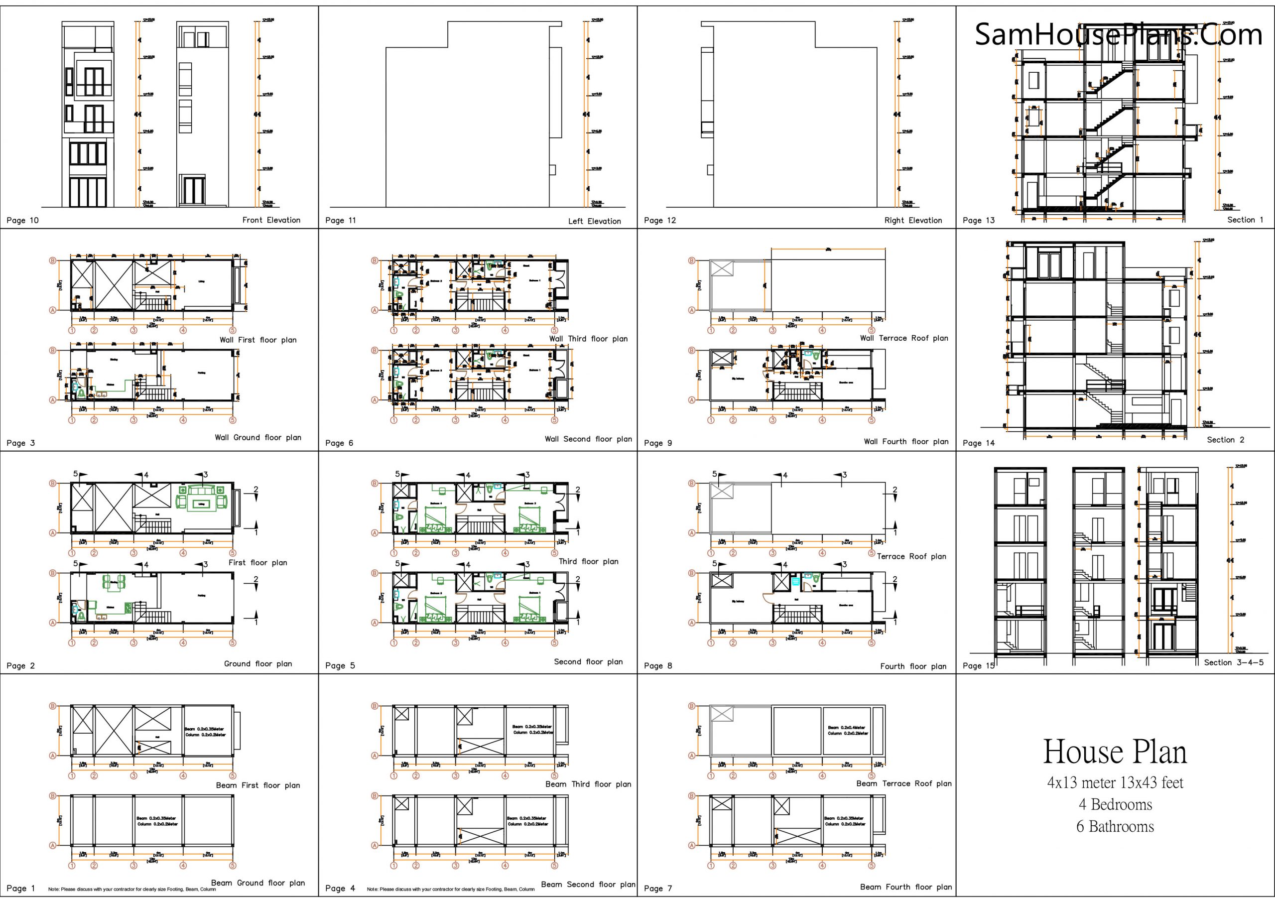 Narrow House Design Plan 4 x 13 Meter all