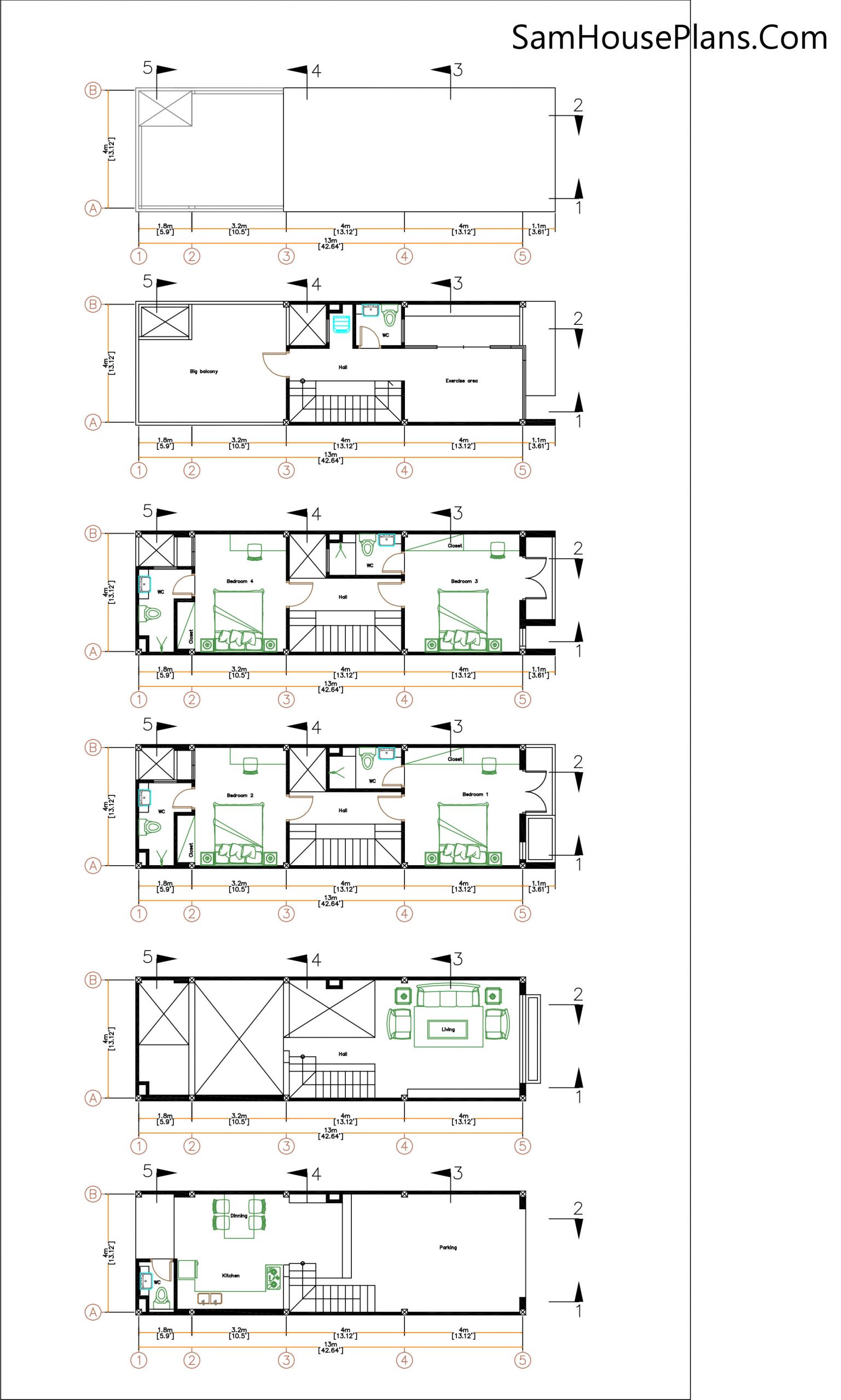 Narrow House Design Plan 4 x 13 Meter floor plan