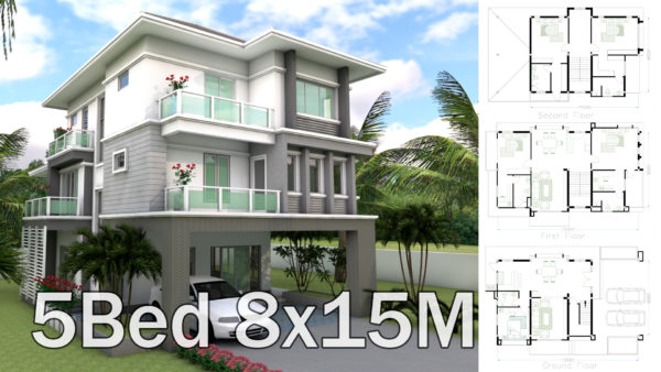 Sketchup 5 Bedrooms House Plan 8x15m