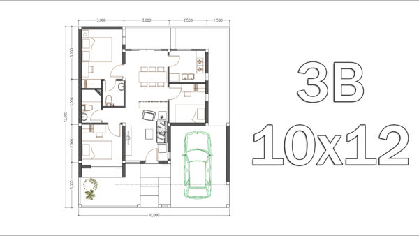 Sketchup 3 Bedrooms Home Plan 10x12m - Image 2
