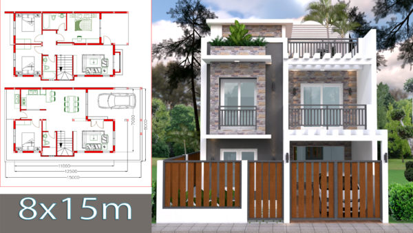 Home Design Plan 7x11m Plot 8x15 with 4 Bedrooms