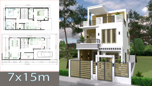 SketchUp Home Design Plan 7x15m with 3 Bedrooms
