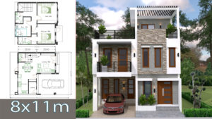 Home Design Plan 8x11m with 3 Bedrooms