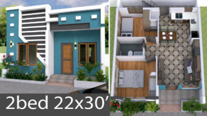 3D Simple House Plan with Two Bedrooms 22x30 Feet