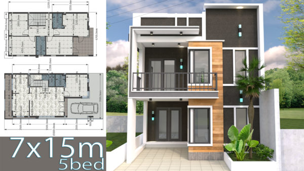 Home Design Plan 7x15m with 4 Bedrooms