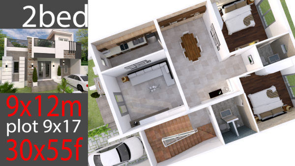 Home Design Plan 9x12m with 2 Bedrooms - Image 2