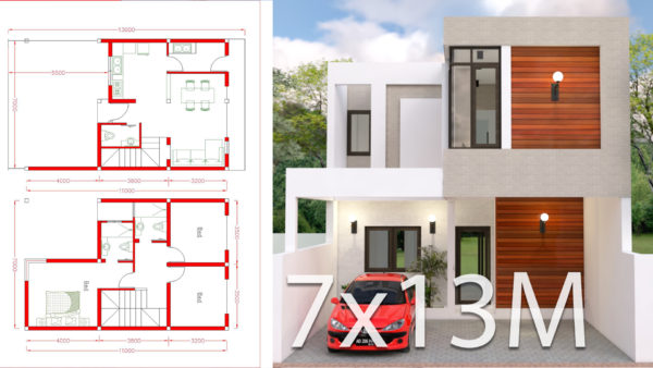 House design Plan 7x13m with 3 Bedrooms