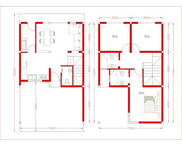House design Plan 7x13m with 3 Bedrooms - Image 2