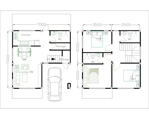 Home Design Plan 7x7m with 3 Bedrooms - Image 2