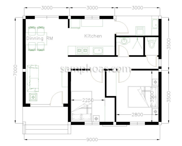 Plan 3d Home Design 9x7m 2 Bedrooms - Image 2