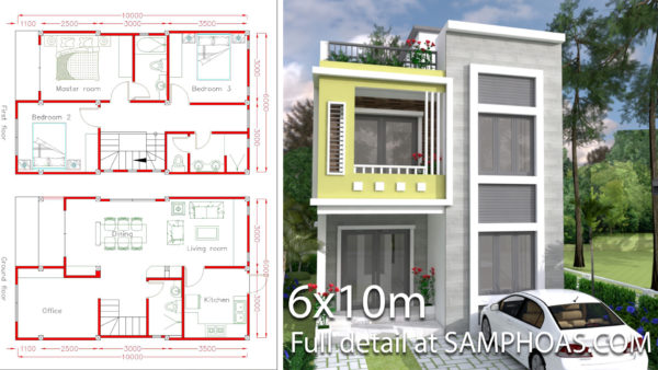 Home Design Plan 6x10m with 3 Bedrooms