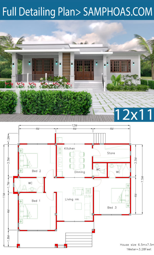 House Design with Full Plan 12x11m 3 Bedrooms - Image 2