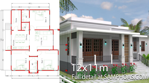 House Design with Full Plan 12x11m 3 Bedrooms
