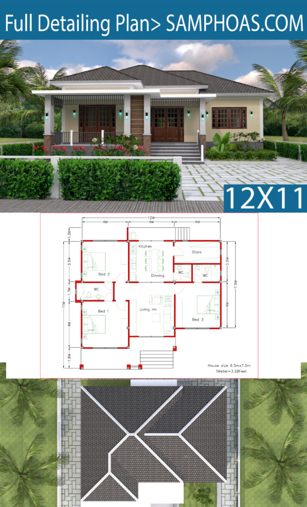 Interior Design Plan 12x11m with Full Plan 3Beds - Image 2