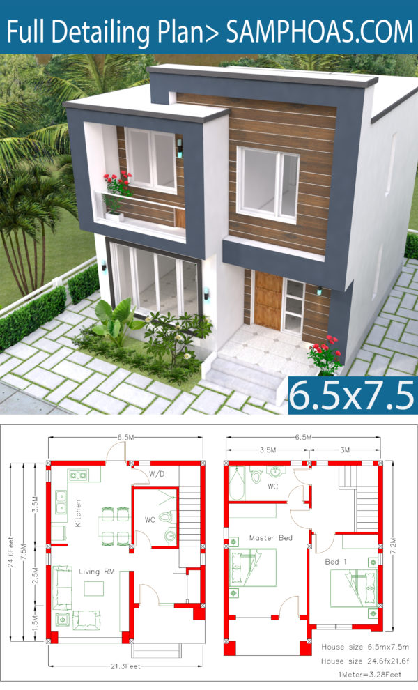 Home Design Plan 6.5x7.5M 2 Bedrooms - Image 2