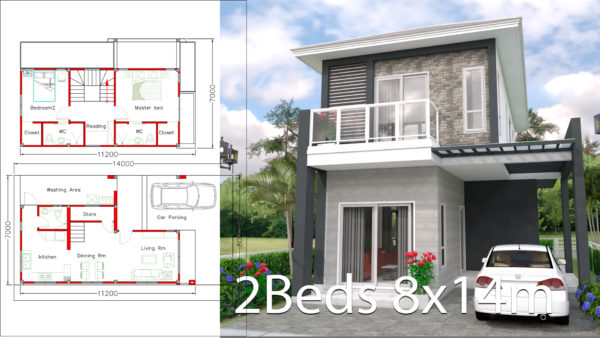 House design 8x14m with 2 bedrooms