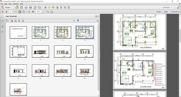 House Plans 13x9.5m Full Plan 3Beds - Image 2